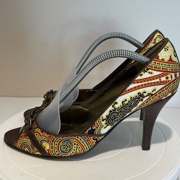 J. CREW Open Toe Heels Shoes Women's 7.5M Colorful Paisley Chain Front Italy - Picture 4 of 11